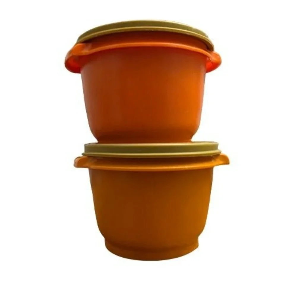 Vintage Tupperware Servalier Bowls 20 oz‎ Orange Mustard Sunburst Lids Set of 2